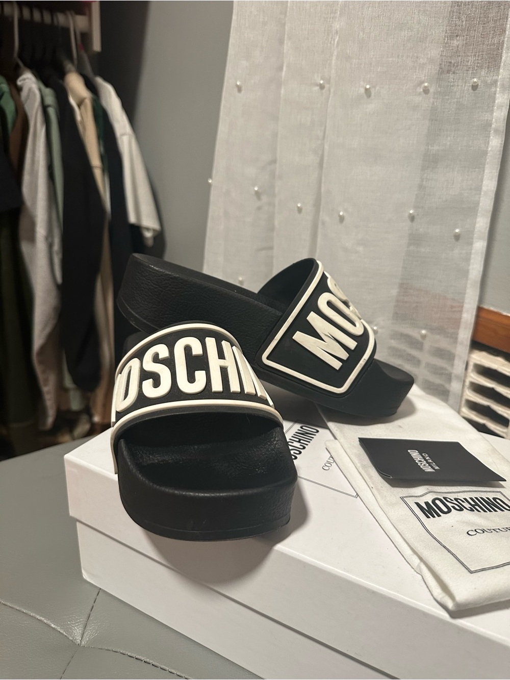 Moschino Black Slide Sandals with White Logo Trim